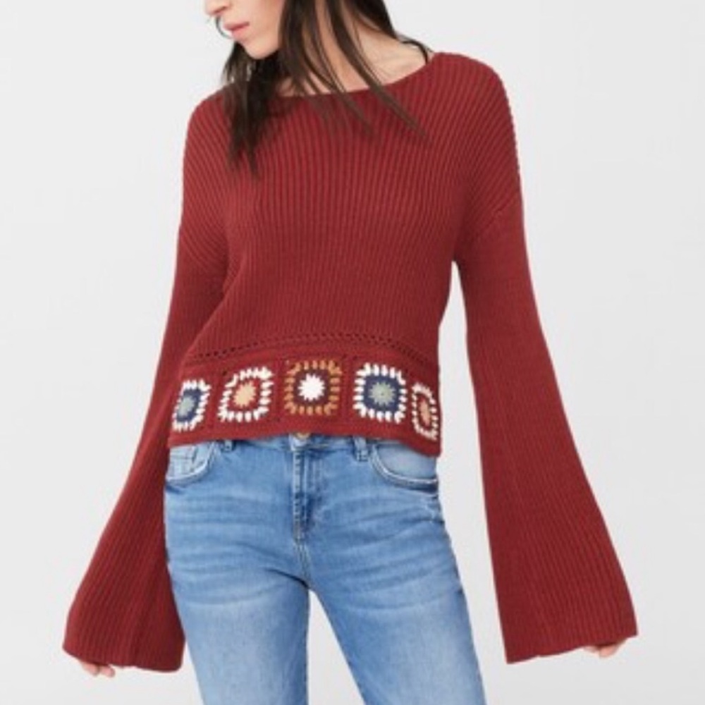 Mango Crochet Granny Square Red Bell Sleeve Sweater US Small